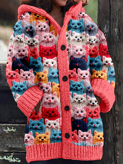 TS | Knitted coat with button placket and playful cat print