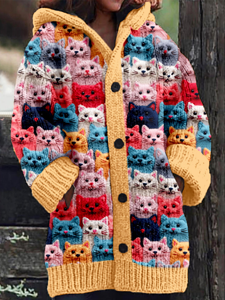 TS | Knitted coat with button placket and playful cat print