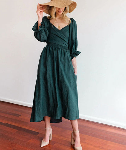 TS | Midi dress with puff sleeves and waistband